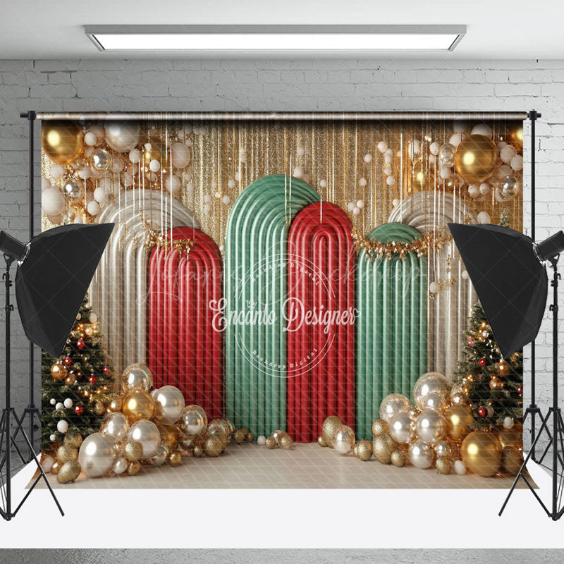 Lofaris Arch Gold Balloons Pine Trees Christmas Backdrop