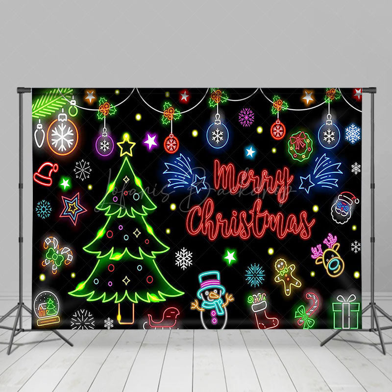 Lofaris Bells Trees Snowflake Neon Merry Christmas Backdrop