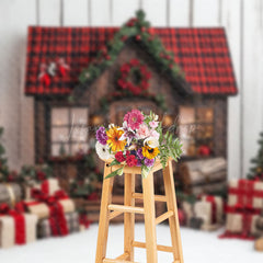 Lofaris Brown Wooden House Gifts Trees Christmas Backdrop