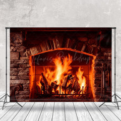 Lofaris Cozy Stone Fireplace Glowing Flames Christmas Backdrop