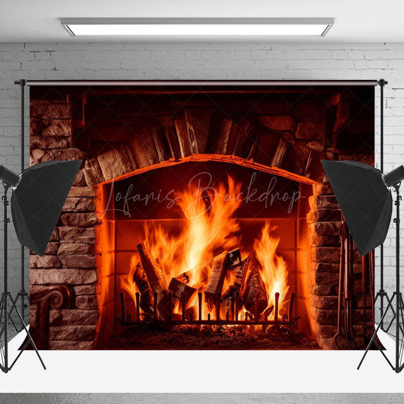 Lofaris Cozy Stone Fireplace Glowing Flames Christmas Backdrop