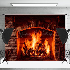 Lofaris Cozy Stone Fireplace Glowing Flames Christmas Backdrop