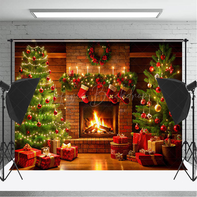 Lofaris Fireplace Sock Trees Red Gifts Christmas Backdrop