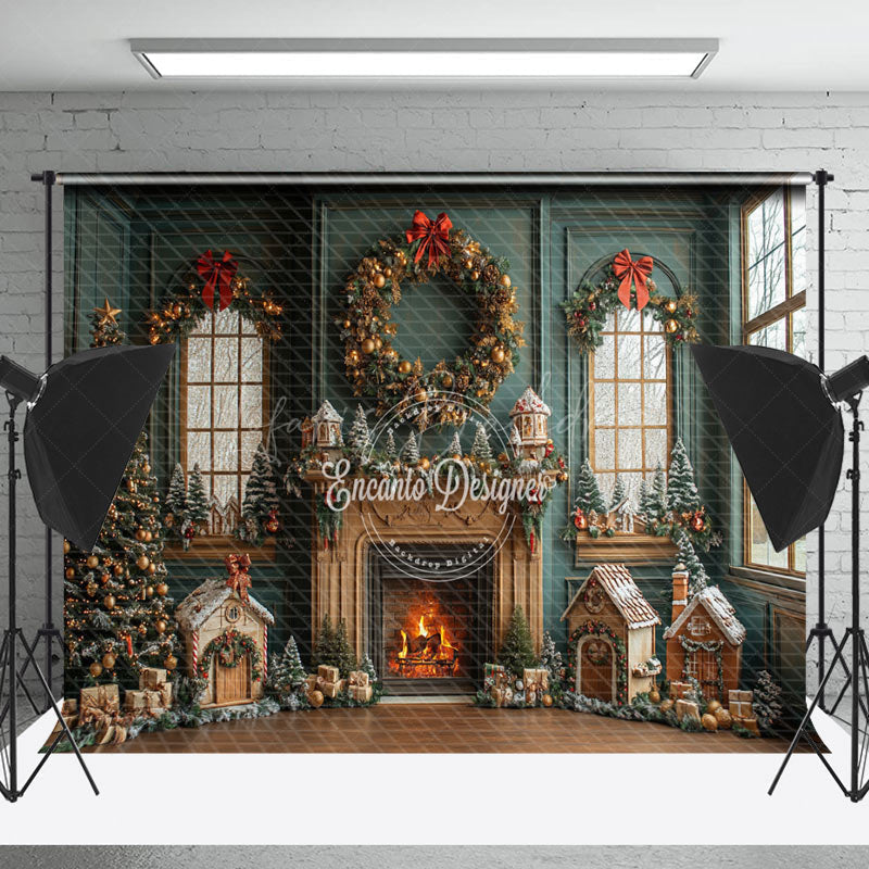 Lofaris Indoor Teal Room Fireplace Trees Christmas Backdrop