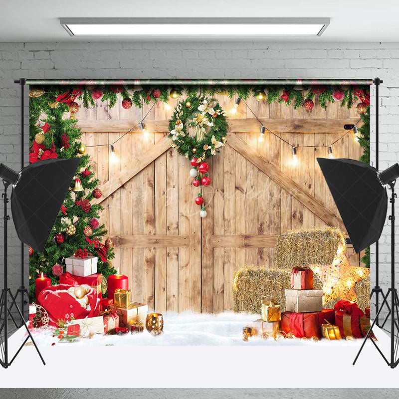 Lofaris Light Brown Wood Door Christmas Vibe Photo Backdrop