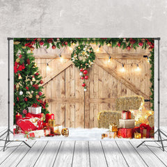 Lofaris Light Brown Wood Door Christmas Vibe Photo Backdrop