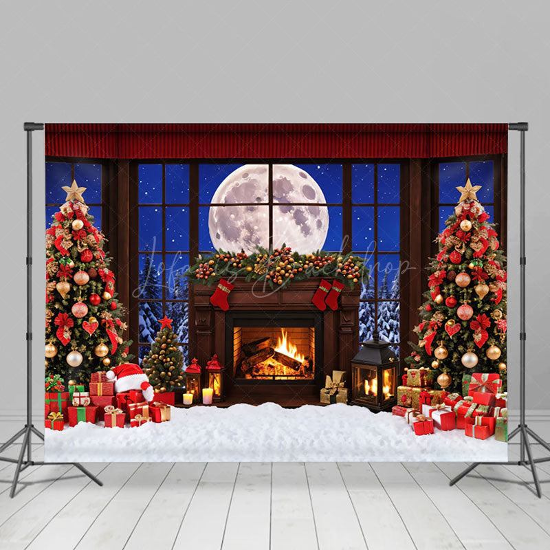 Lofaris Moon Night Xmas Trees Fireplce Christmas Backdrop