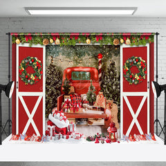 Lofaris Pine Leaf Red Barn Door Car Gifts Christmas Backdrop