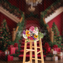 Lofaris Red Courtly Stairs Leaves Gifts Christmas Backdrop