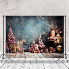 Lofaris Retro Wall Pink Xmas Trees Bells Christmas Backdrop