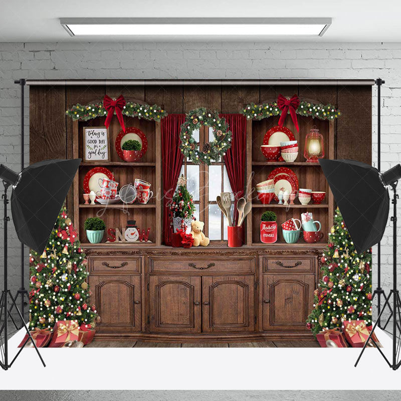 Lofaris Retro Wood Kitchen Trees Cupboard Christmas Backdrop