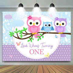 Lofaris Look Whoos Turning One Purple Blue Birthday Backdrop