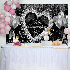 Lofaris Love Balloon Silver Sparkle Glitter Birthday Backdrop