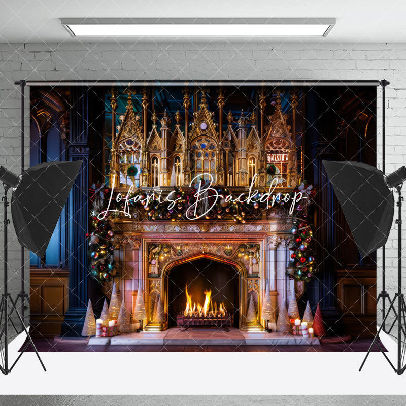 Lofaris Luxury Gold Palace Bell Fireplace Christmas Backdrop