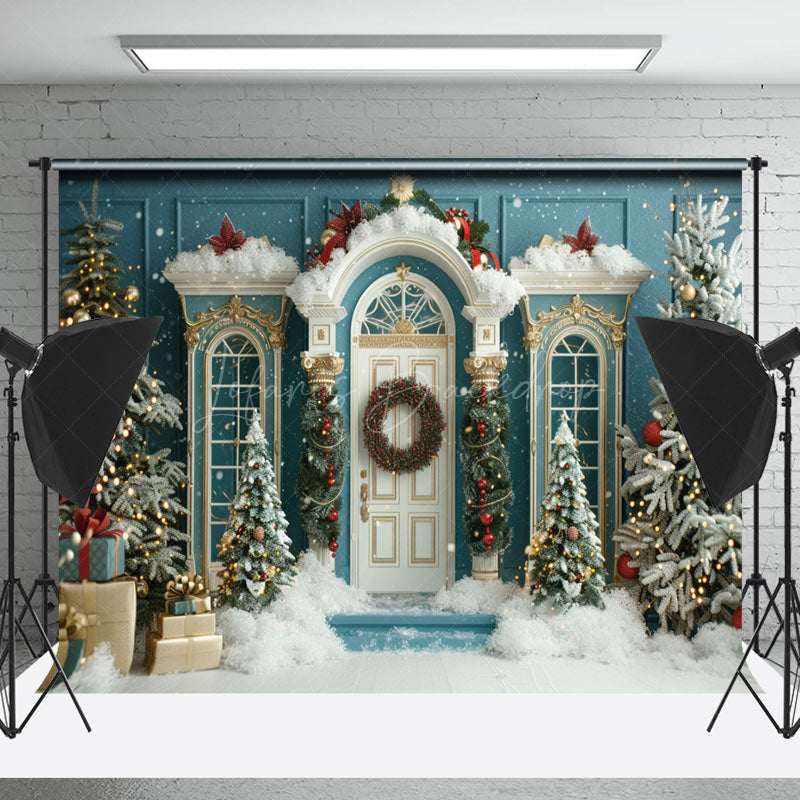 Lofaris Luxury Teal White Tree Snow Scene Christmas Backdrop