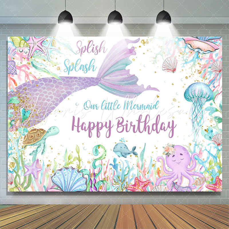 Lofaris Mermaid Under Sea World Glitter Happy Birthday Backdrop