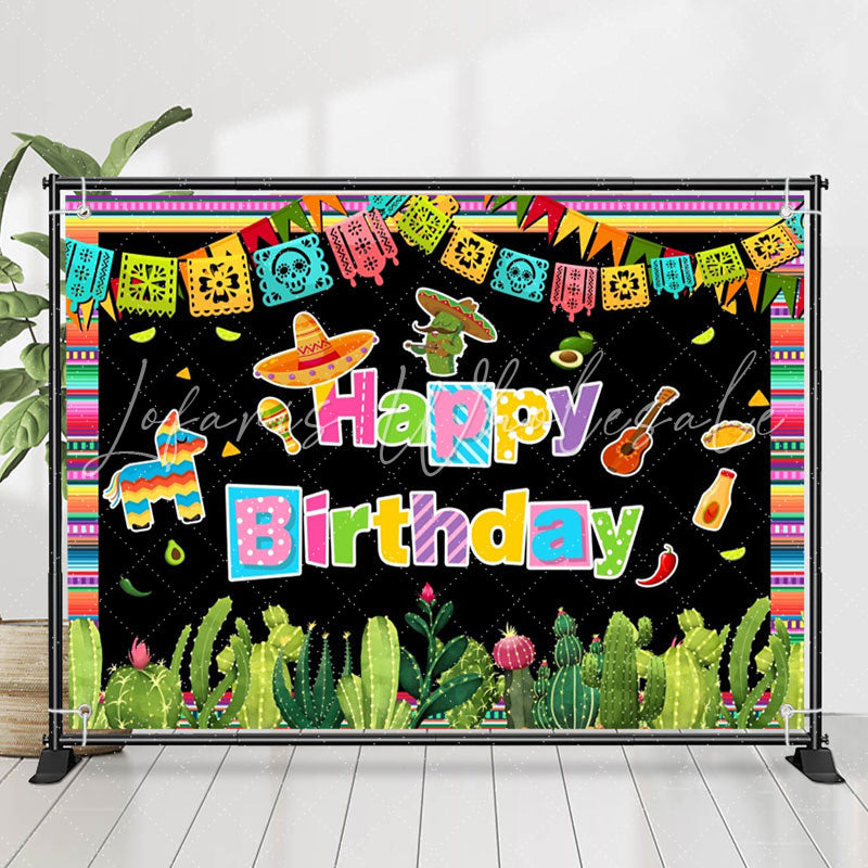 Lofaris Mexican Fiesta Colored Flag Cactus Birthday Backdrop