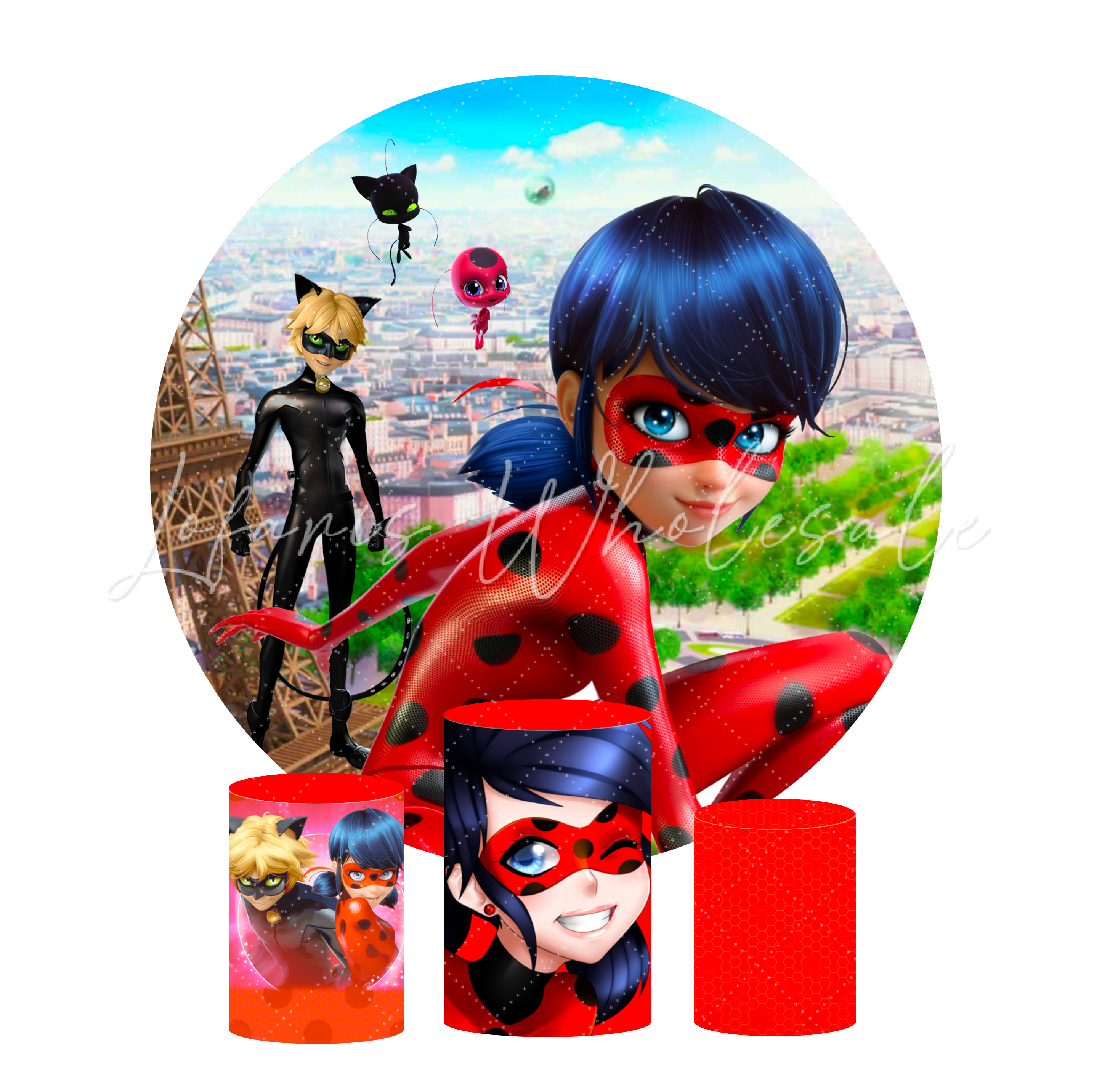 Miraculous Ladybug And Cat Noir Birthday Party Round Backdrop Cover Cylinder Pedestal Cloth Cover