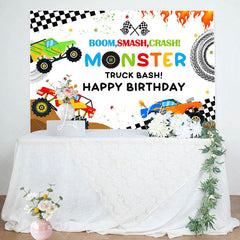 Lofaris Monster Colorful Trucks Birthday Backdrop For Boys