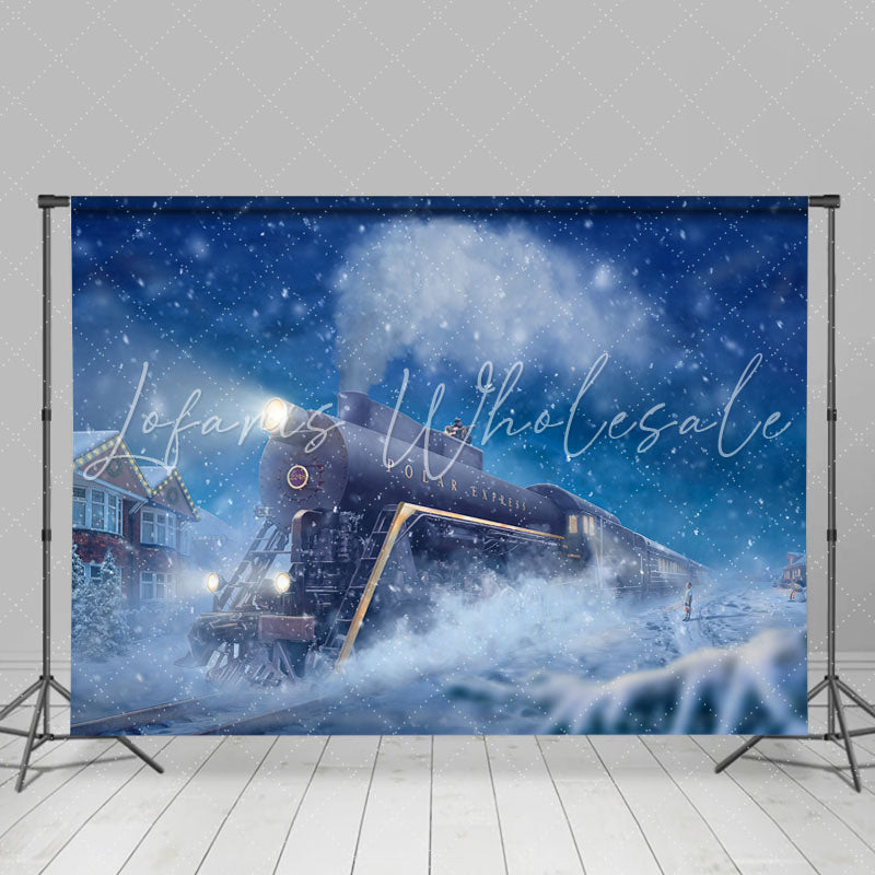 Lofaris Moving Train Snow Night Blue Winter Backdrop for Party