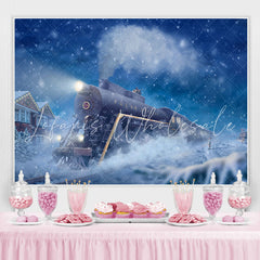 Lofaris Moving Train Snow Night Blue Winter Backdrop for Party