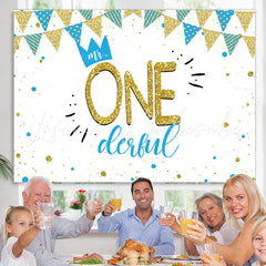 Lofaris Mr.Onederful Bule and Gold 1st Birthday Backdrop Boy