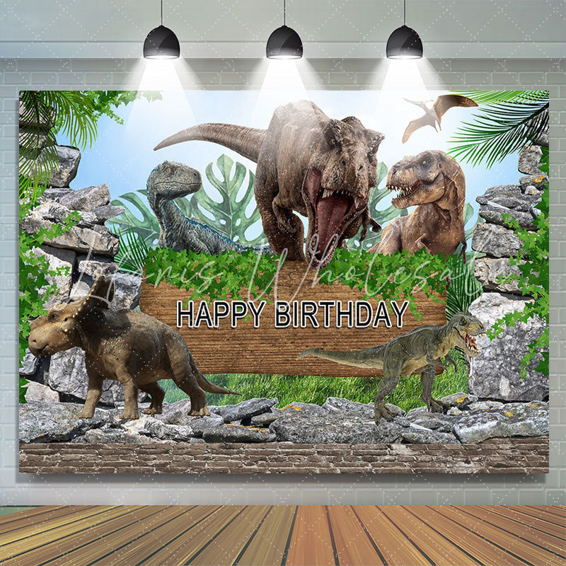 Lofaris Nature Jungle Dinosaur World Happy Birthday Backdrop