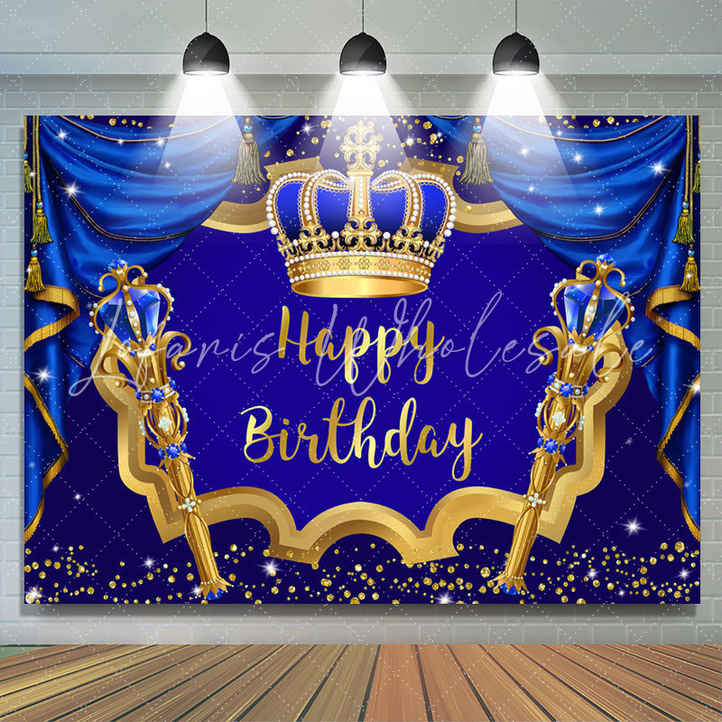 Lofaris Navy Blue Curtain Gold Crown Happy Birthday Backdrop