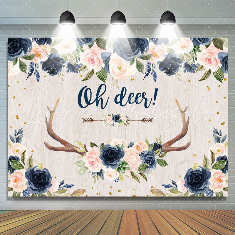 Lofaris Navy Blue Floral Oh Deer Flower Baby Shower Backdrop