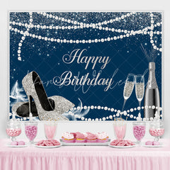 Lofaris Navy Blue Silver High Heels Happy Birthday Backdrop