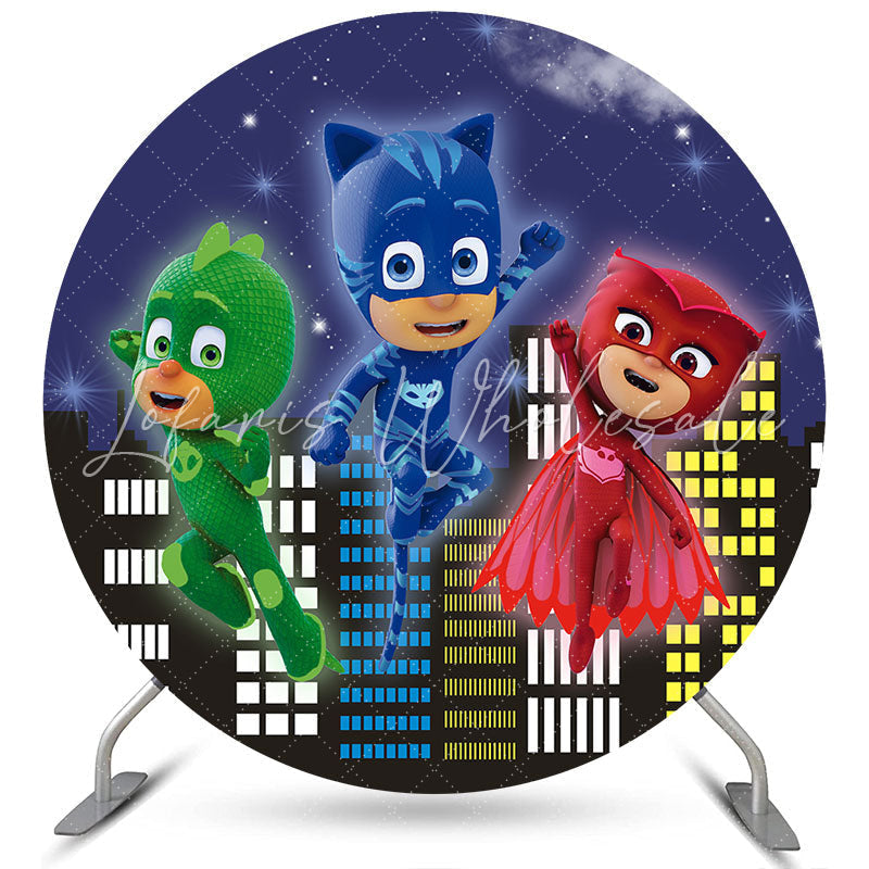 Lofaris Night High Buildings Round Little Hero Birthday Backdrop