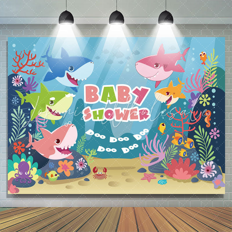 Lofaris Ocean Shark Themed Blue Baby Shower Party Backdrop