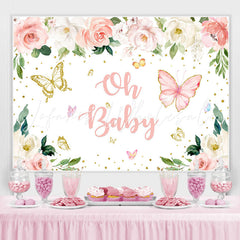 Lofaris Oh Baby Butterfly Pink Floral Gold Glitter Backdrop for Shower