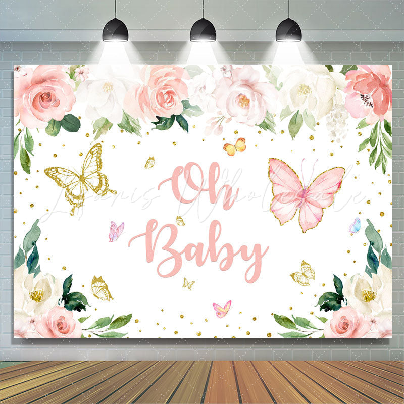 Lofaris Oh Baby Butterfly Pink Floral Gold Glitter Backdrop for Shower