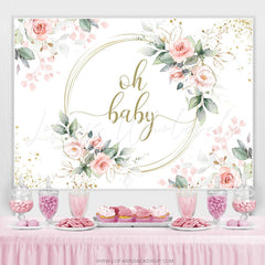 Lofaris Oh Baby Pink Floral Green Leaves Shower Backdrop