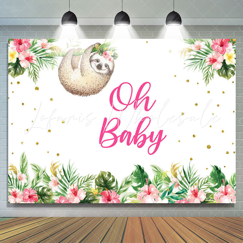 Lofaris Oh Baby Pink Floral Sloth Shower Backdrop Banner