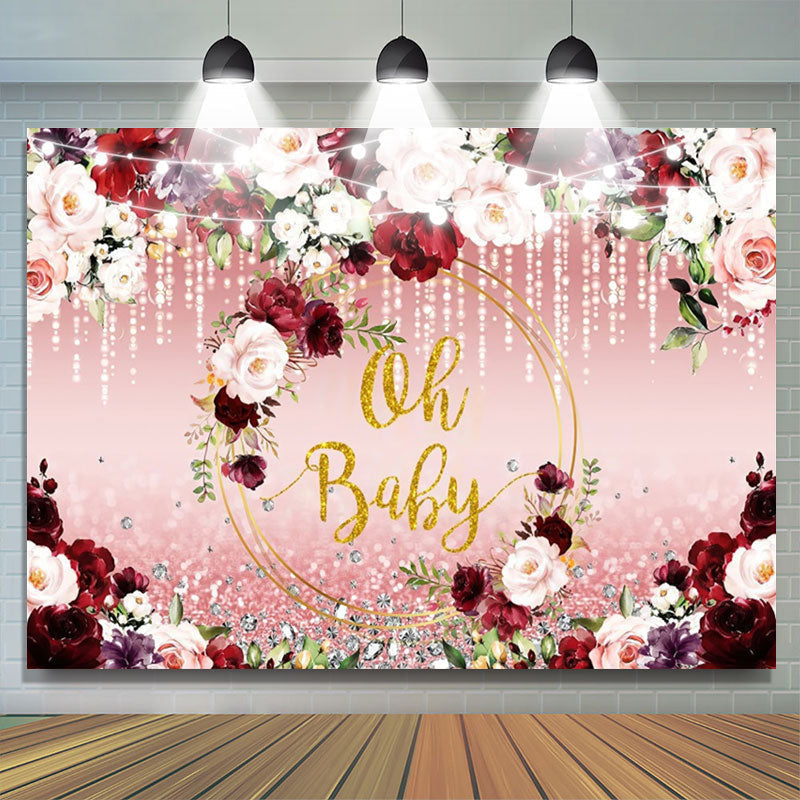 Lofaris Oh Baby Red Pink Floral Leaf Gender Reveal Backdrop