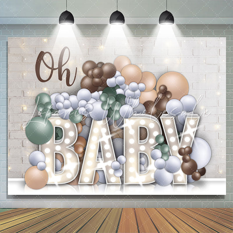 Lofaris Oh Baby White Bricks And Balloons Shower Backdrop