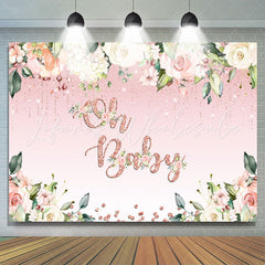 Lofaris Oh Baby White Floral Pink Glitter Shower Backdrop