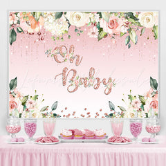 Lofaris Oh Baby White Floral Pink Glitter Shower Backdrop