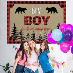 Lofaris Oh Boy Adventure Bears Forest Red Plaid Baby Shower Backdrop