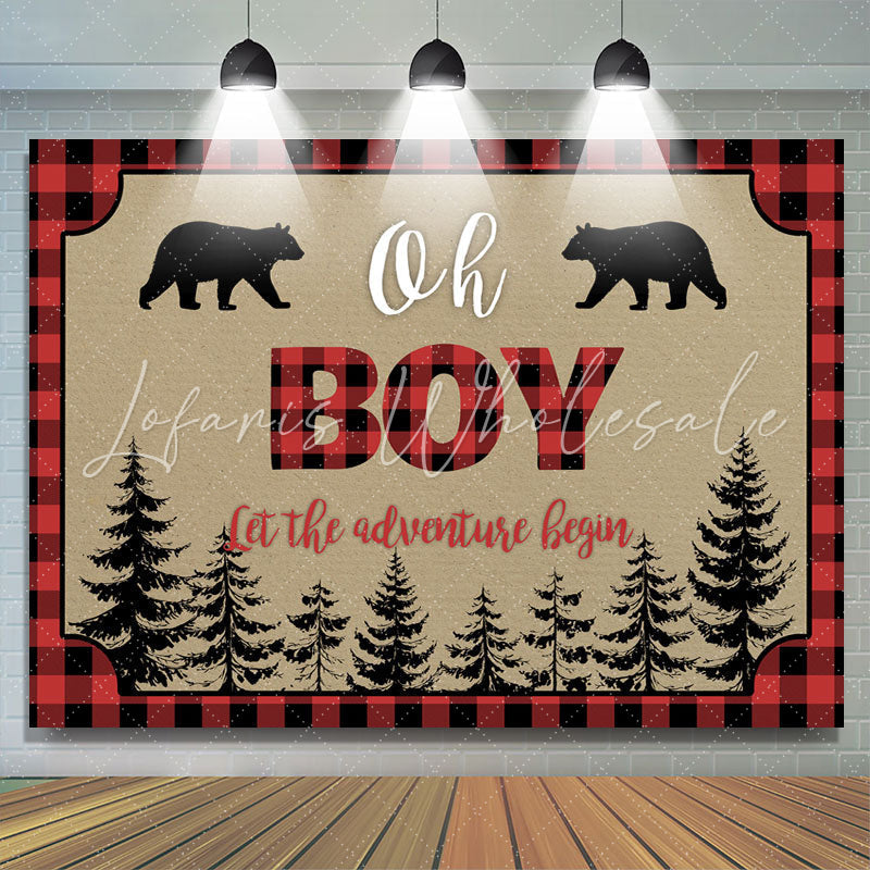 Lofaris Oh Boy Adventure Bears Forest Red Plaid Baby Shower Backdrop