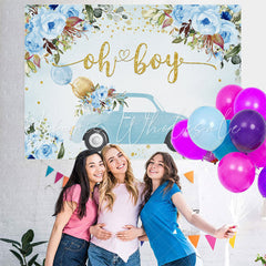 Lofaris Oh Boy Blue Car and Balloon Floral Baby Shower Backdrop