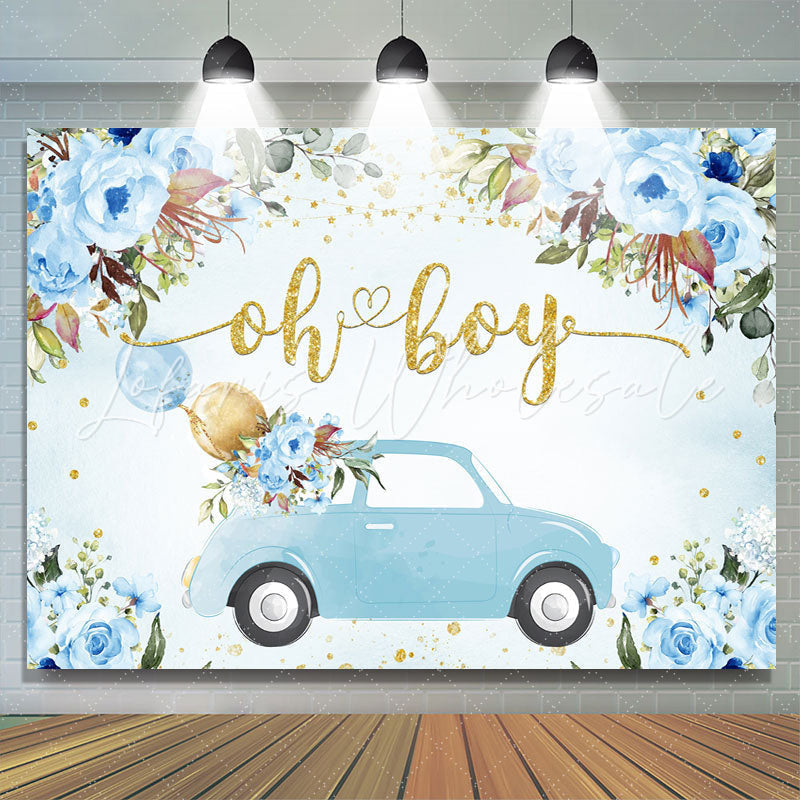 Lofaris Oh Boy Blue Car and Balloon Floral Baby Shower Backdrop