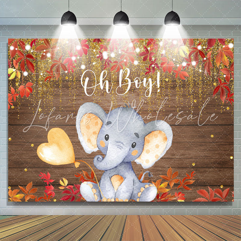 Lofaris Oh Boy Elephant Red Leaves Gold Glitter Baby Shower Backdrop