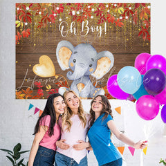 Lofaris Oh Boy Elephant Red Leaves Gold Glitter Baby Shower Backdrop