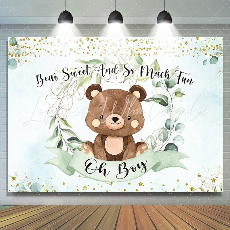 Lofaris Oh boy green leaves and teddy bear baby shower backdrop