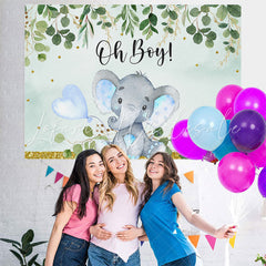 Lofaris Oh Boy Green Leaves Blue Elephent Baby Shower Backdrop