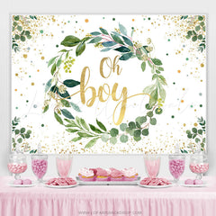 Lofaris Oh Boy Green Leaves Gold Glitter Baby Shower Backdrop