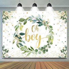 Lofaris Oh Boy Green Leaves Gold Glitter Baby Shower Backdrop